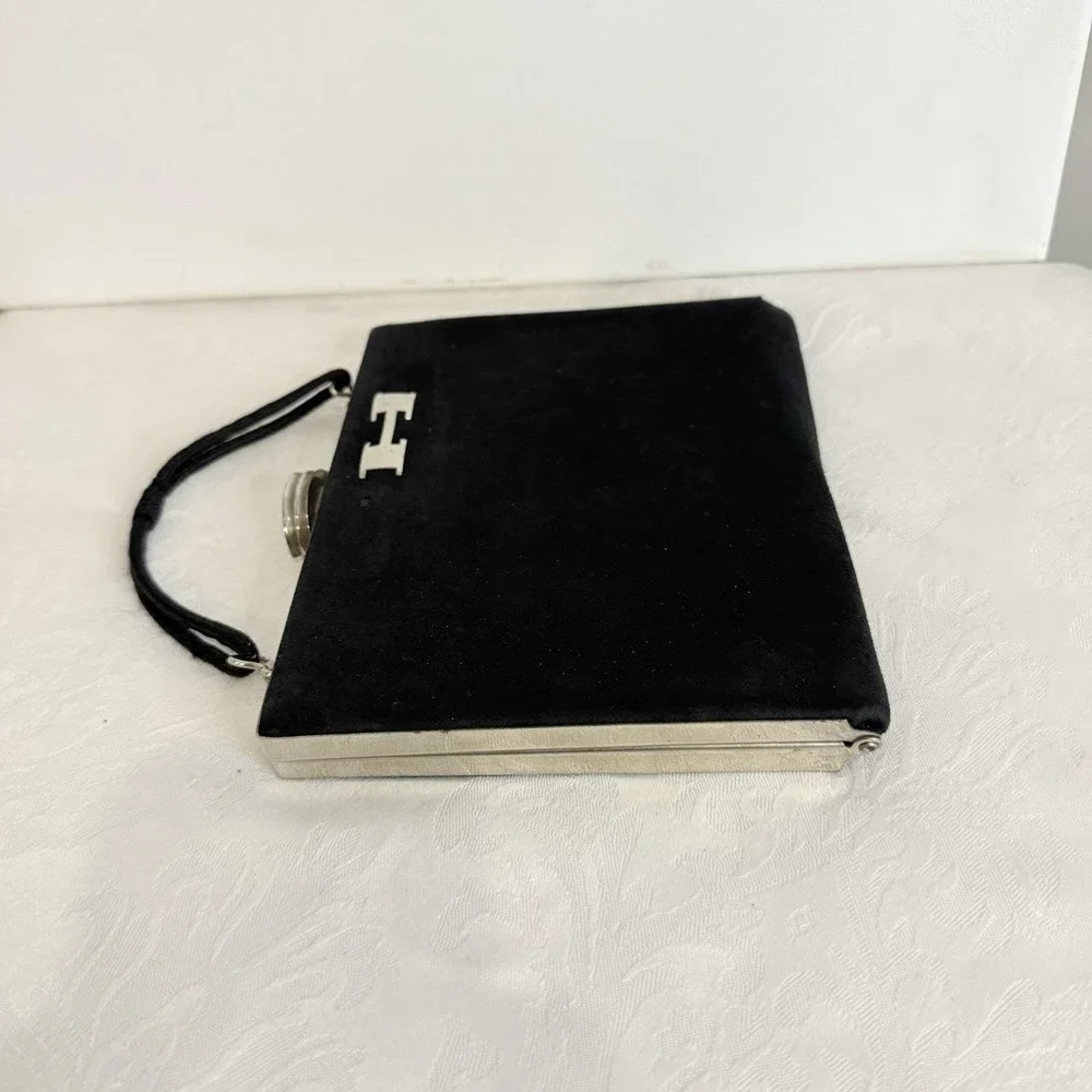 Vintage black Hinged suede evening bag silver frame 'H' logo interior coin purse